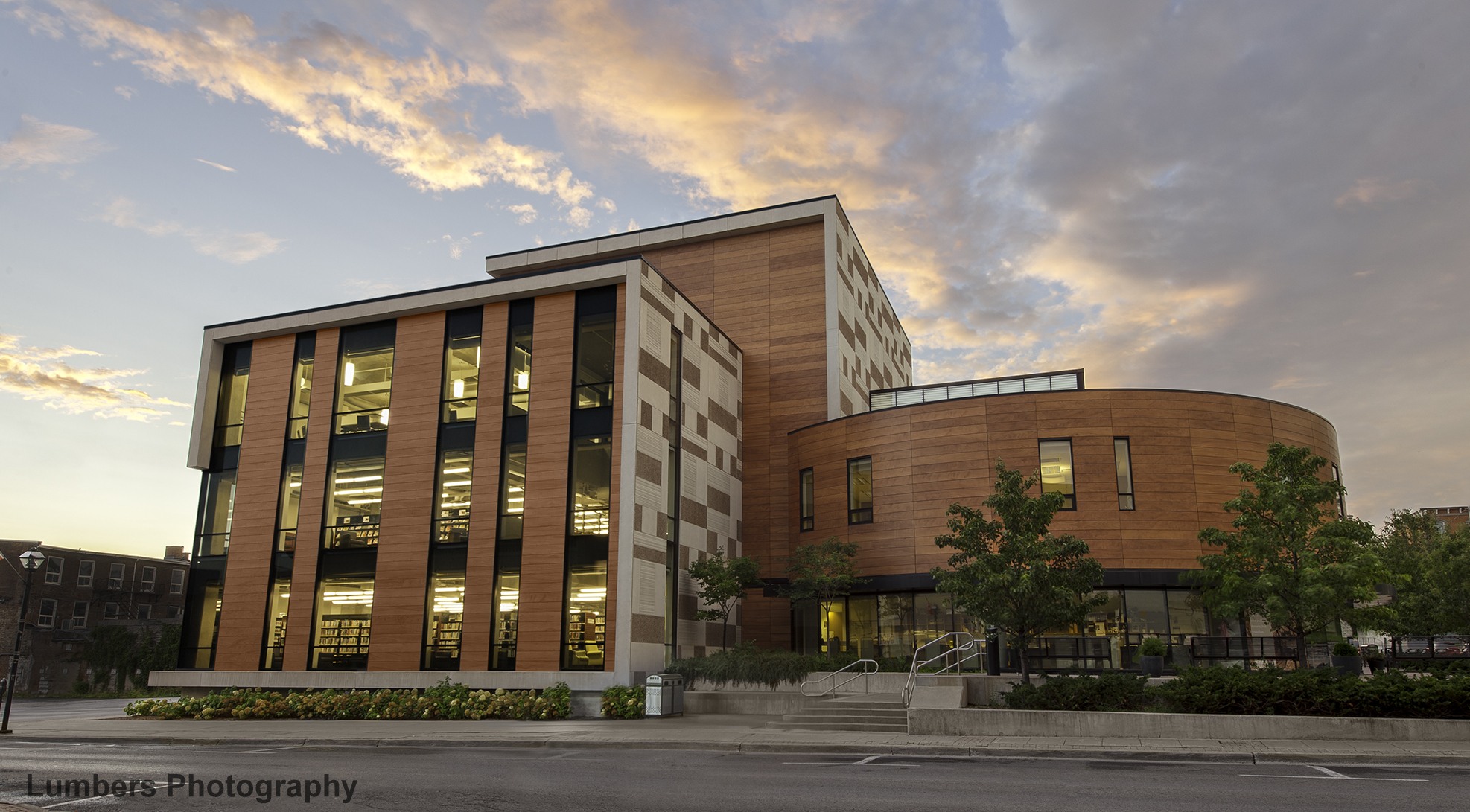 photo of library by Lumbers Photography, showing library from Campbell Street with sunset
